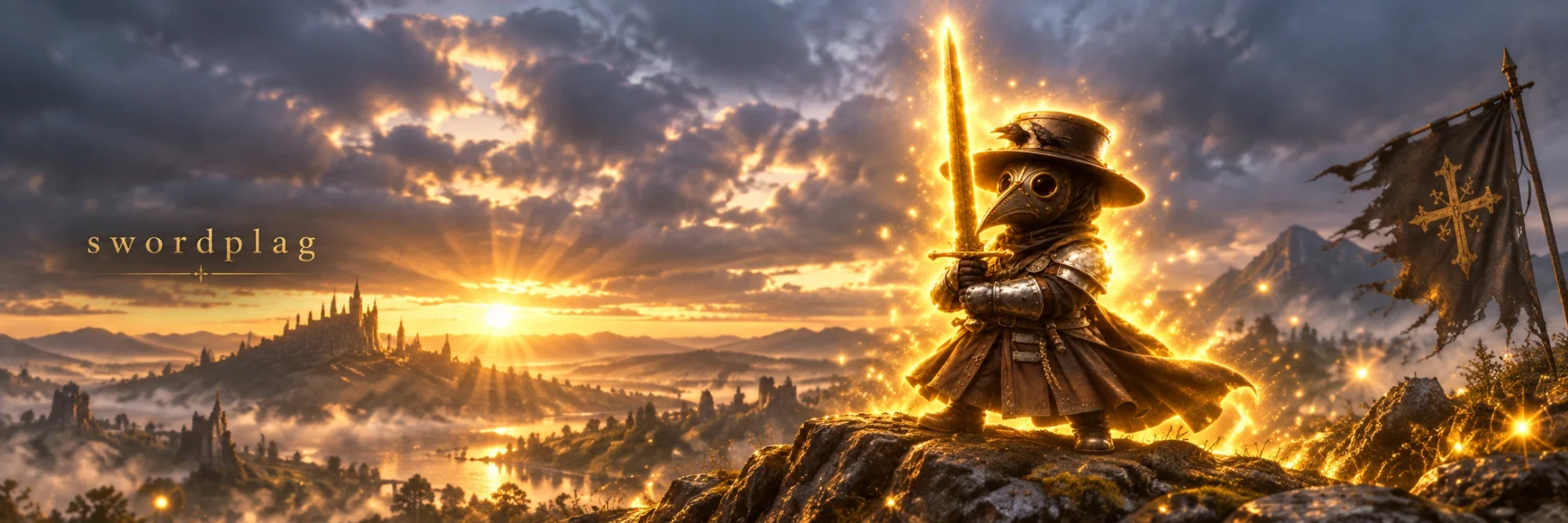 The little plague doctor on a hilltop at sunrise, sword raised