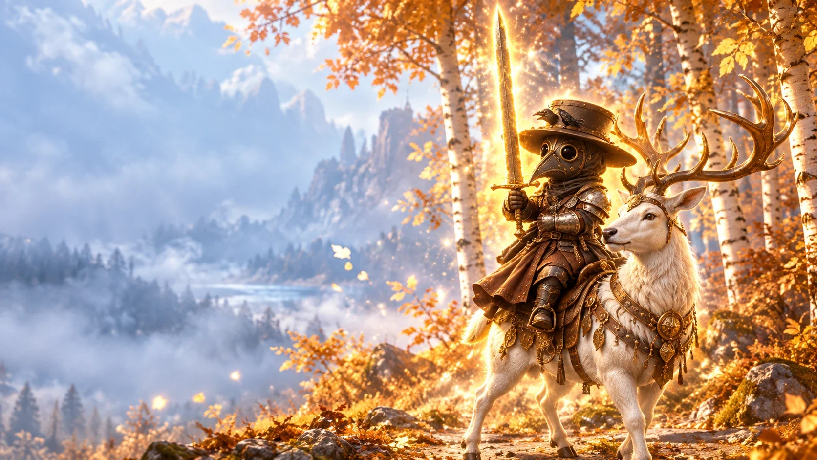 The little plague doctor riding a white stag through golden birch trees with the sword raised