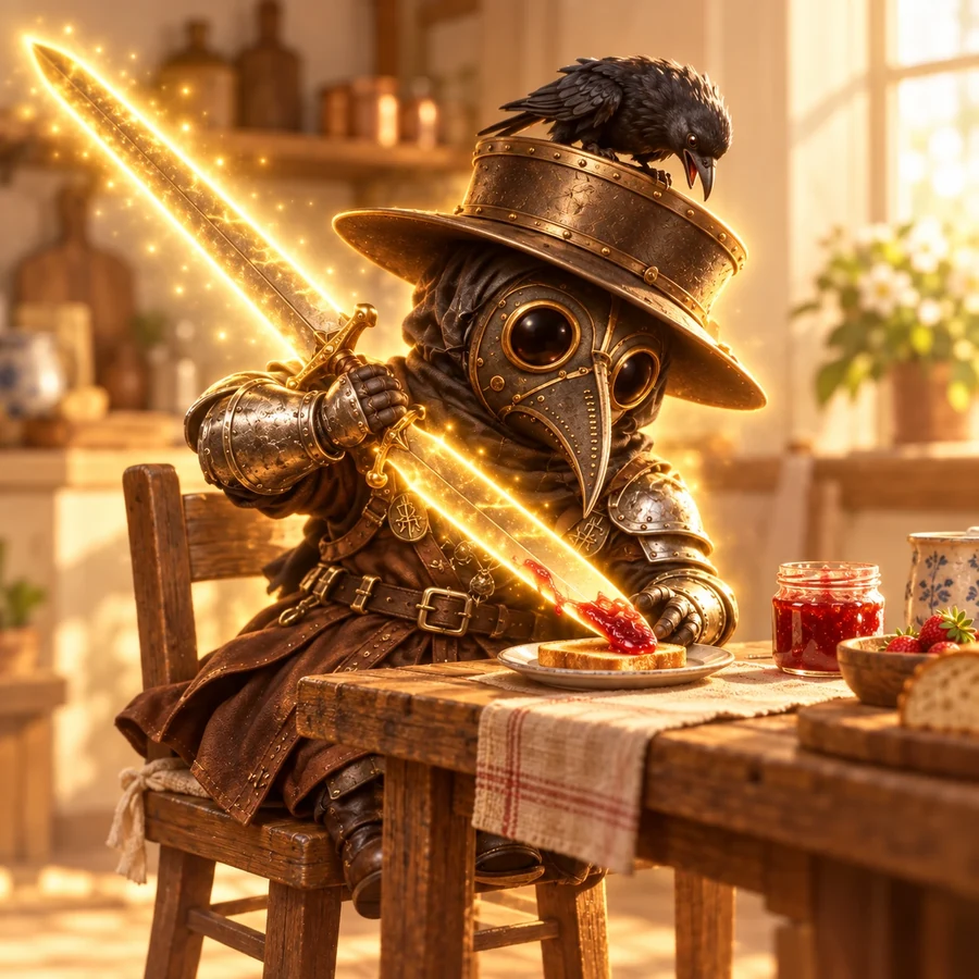 The little plague doctor spreading jam on toast with the glowing sword