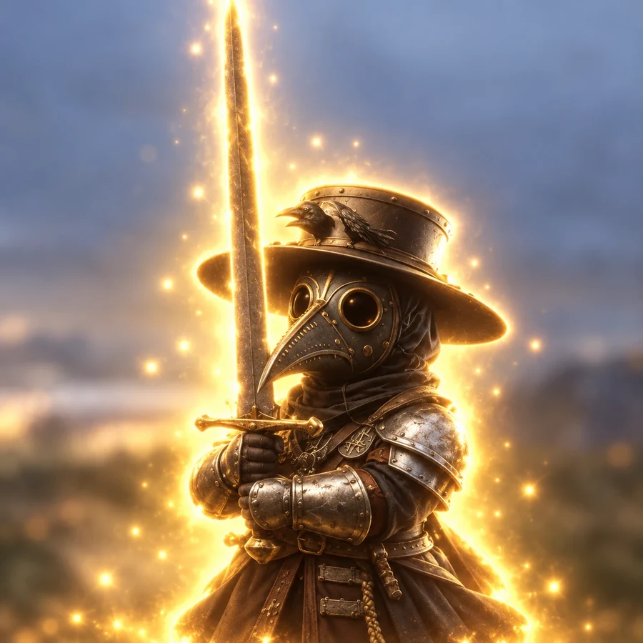 The little plague doctor gripping a glowing sword taller than he is