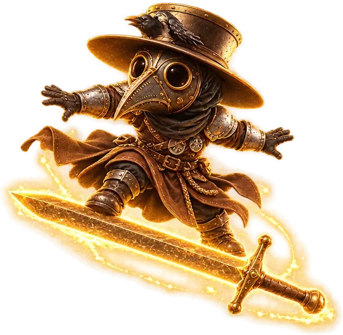 A tiny plague doctor in a huge hat surfing on a glowing golden sword