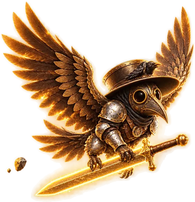 The little plague doctor with big feathered wings holding the sword in bird feet